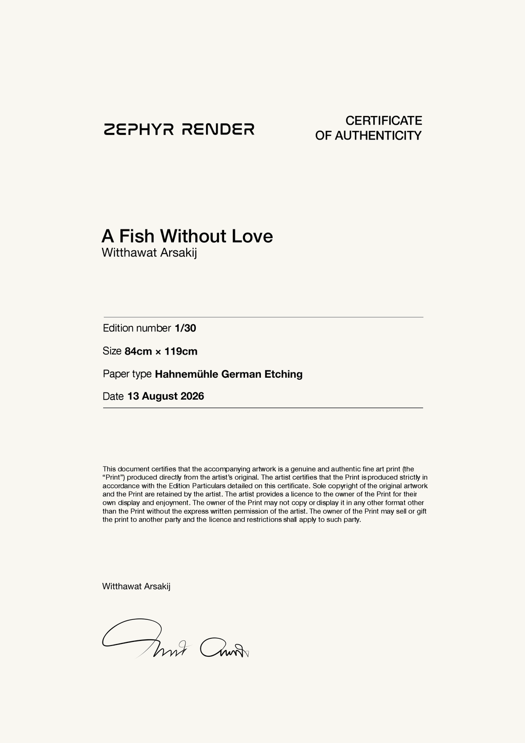A Fish Without Love — Certificate of Authenticity