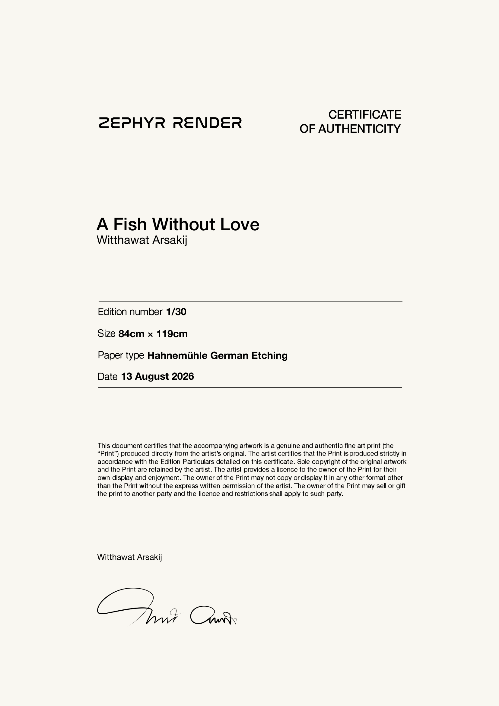 A Fish Without Love — Certificate of Authenticity