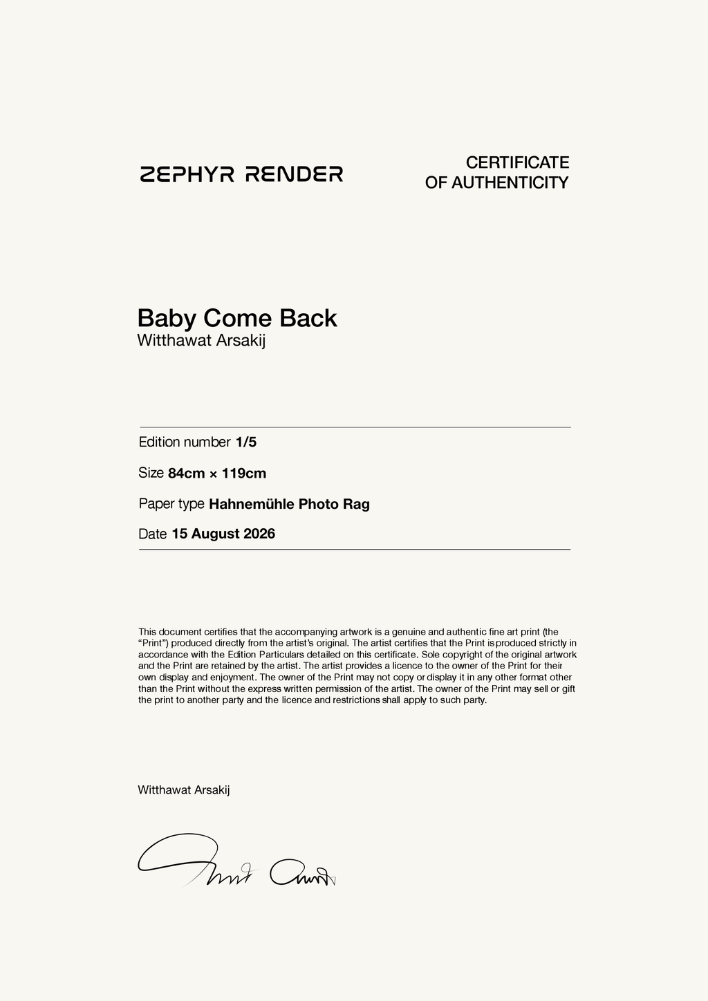 Baby Come Back — Certificate of Authenticity