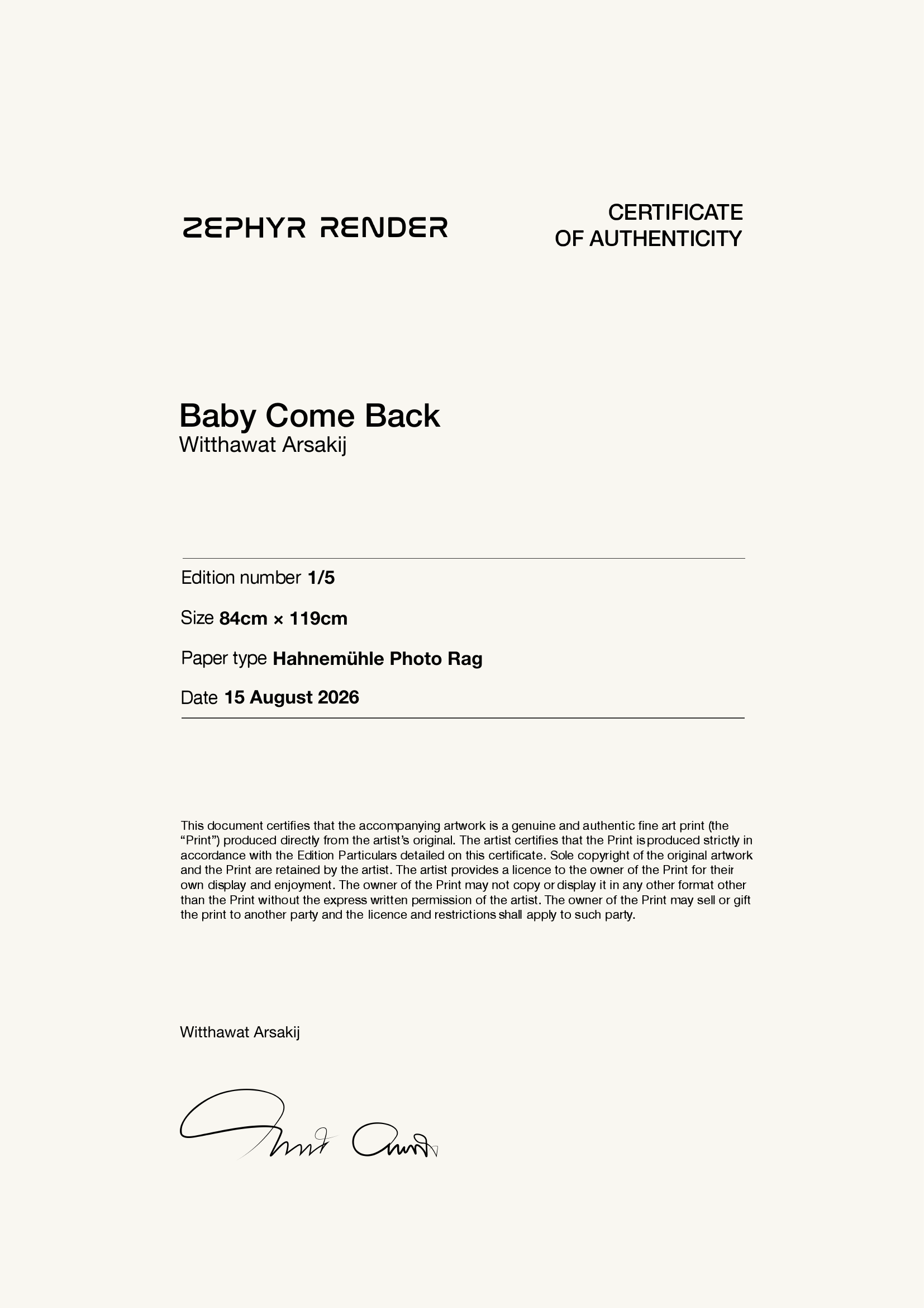 Baby Come Back — Certificate of Authenticity