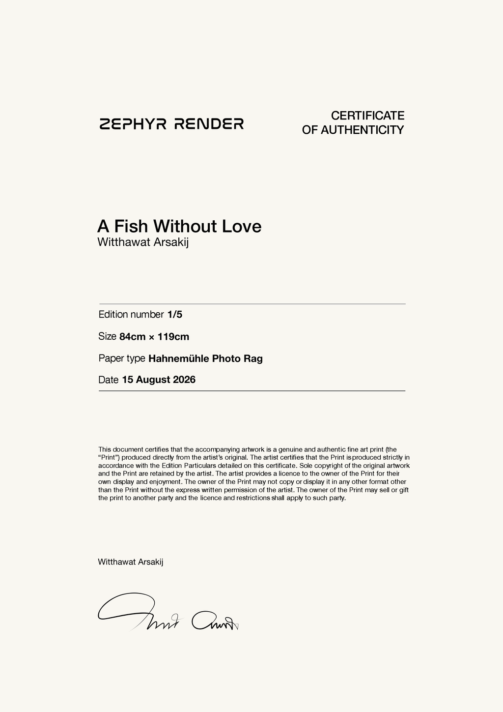 A Fish Without Love — Certificate of Authenticity