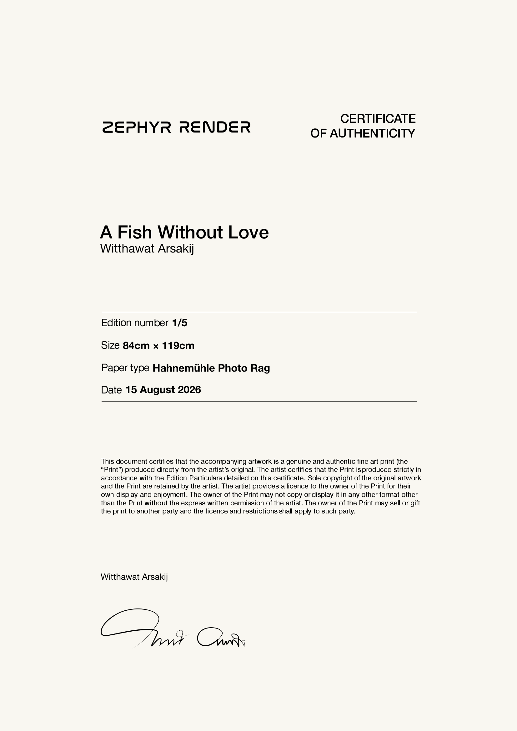 A Fish Without Love — Certificate of Authenticity
